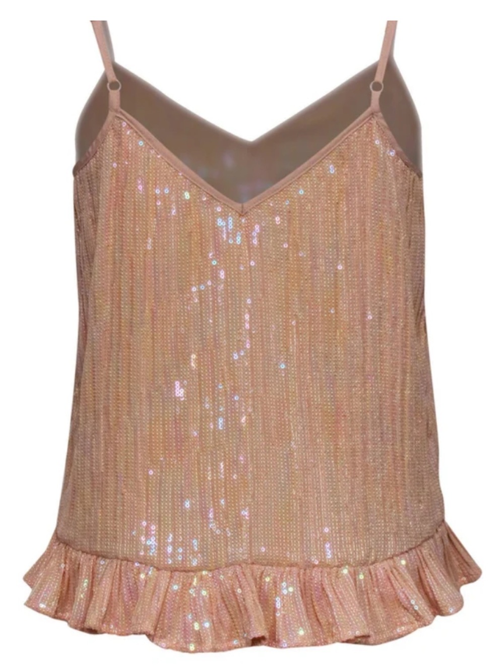 Anthropologie Sz 4, iradiscent peach sequined ruffled tank top.